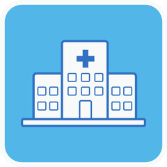 hospital flat icon in blue square.