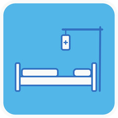 hospital bed flat icon in blue square.