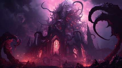 Ethereal Gothic Cathedral Pastel Goth Colors Purple And Pink With Daemonic Tentacles. Goth Vampire Digital Painting Illustration Wallpaper. Generative AI - obrazy, fototapety, plakaty