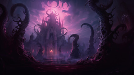 Pastel Goth Gothic Cathedral and Tentacle Terror With Purple And Pink Colors. Goth Vampire Digital Painting Illustration Wallpaper. Generative AI