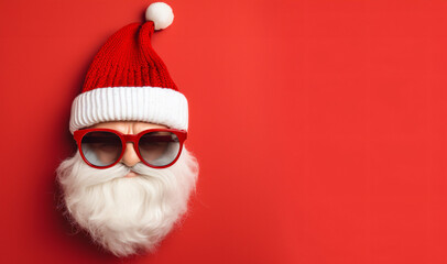 Close up photo of cool stylish trendy santa wear eyeglasses eyewear cap hat isolated background - obrazy, fototapety, plakaty