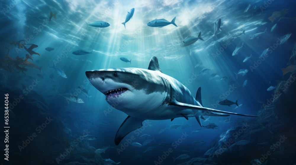 Wall mural a grey shark with sharp teeth swimming in a beautiful blue ocean reef at an island with fishes, seaweed and corals. turquoise water color. 16:9 4k background wallpaper. Generative AI - Wall murals