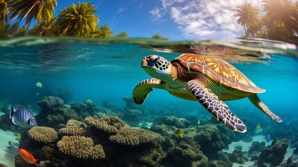 a green sea turtle swimming in a beautiful blue ocean reef at an island with fishes, seaweed and corals. turquoise water color. 16:9 4k background wallpaper. Generative AI - Powered by Adobe