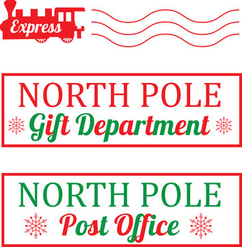 Set of Christmas Rubber Stamps. North Pole Train Express