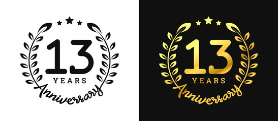 Anniversary 13 gold numbers. Minimalist design template, modern, elegant celebrating anniversary event. label, vector, sign, illustration, banner, symbol, icon, design, sticker, tag, badge, element