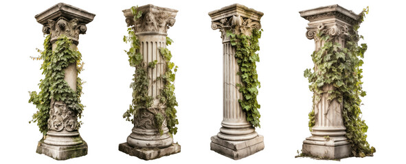 Antique column with overgrown foliage, old architecture and nature, isolated on transparent background generative ai - obrazy, fototapety, plakaty