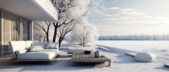 Winter, snowy patio of suburban house. Luxury exterior design scene.Villa  facade, backyard terrace, with couches and lounge chairs. Vacation, wellness, resort, hotel, penthouse.Generative ai