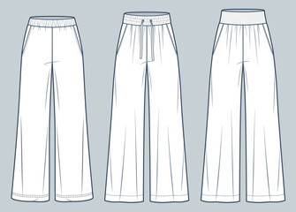 Set of Wide leg Pants fashion flat technical drawing template. Trousers technical fashion illustration, oversize, elastic waistband, front view, white, women, men, unisex CAD mockup set.