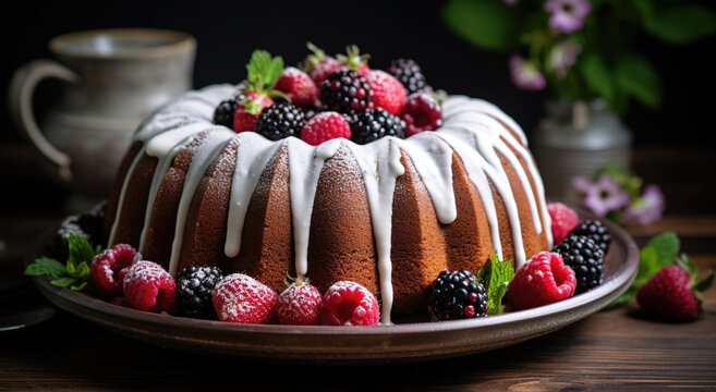 cake with frosting and berries on a plate