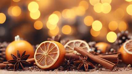 Traditional Christmas spices and dried orange slices on holiday bokeh background with defocus lights. Cinnamon sticks, star anise, pine cones and cloves. Christmas Spices Decoration - obrazy, fototapety, plakaty