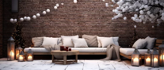 Fotobehang Christmas mockup. Winter, snowy patio of suburban house. Luxury exterior design scene.Villa Backyard terrace with couches and lounge chairs. Vacation, wellness, resort, hotel, penthouse.Generative ai © Inai