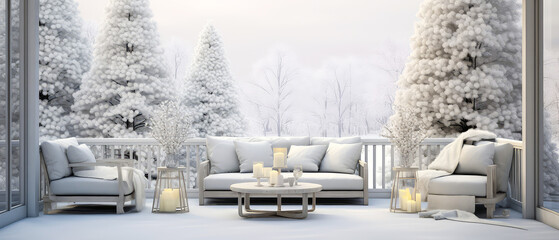 Christmas mockup. Winter, snowy patio of suburban house. Luxury exterior design scene.Villa Backyard terrace with couches and lounge chairs. Vacation, wellness, resort, hotel, penthouse.Generative ai - obrazy, fototapety, plakaty