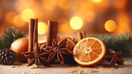 Traditional Christmas spices and dried orange slices on holiday bokeh background with defocus lights. Cinnamon sticks, star anise, pine cones and cloves. Christmas Spices Decoration