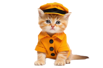 Portrait of Cute fluffy kitty Cat with minimal kawaii costume and posting looking at camera isolated on transparent background, funny moment, pet concept.