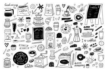 Big set of hand drawn coffee theme elements in doodle style. Vector illustration EPS10. Isolated on white background	
