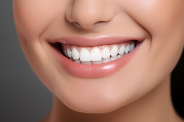 Fototapeta premium This captivating portrait features a woman beaming with a confident smile, showcasing her impeccable teeth. This image is dedicated to promoting top-quality dental products, emphasizing the results of