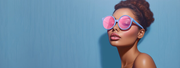 young woman wearing pink sunglasses. concept of positivity, naivety and romantic view of life - obrazy, fototapety, plakaty