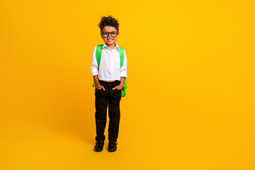 Full length photo of positive cute schoolkid put hands pockets carry backpack empty space isolated...