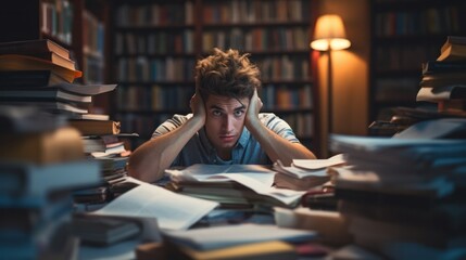 student man have anxiety because of exams, male prepare for test and learning lessons in the library. stress, despair, haste, misunderstanding reading, discouraged, expectation, knowledge, tired - obrazy, fototapety, plakaty