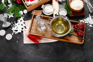 Making decorative aroma candle. Set for homemade Christmas wax candles
