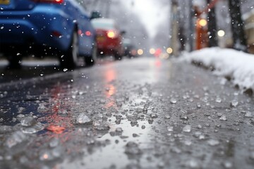 Cars perspective transformed view of freezing rain snow on the street