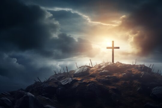 the sign of the cross standing on the hill under the sunlight generative ai