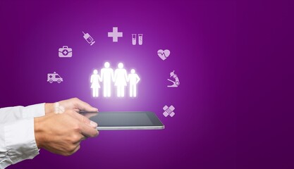 Hands protect family icon, health and house image