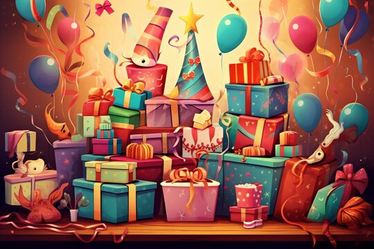 Illustration depicting a festive birthday celebration filled with party items, suitable for cards and invitations. Generative AI