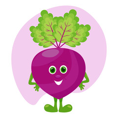 Cute beet vegetable character in flat style. Vegan fun design colorful. Stock vector illustration isolated on white background