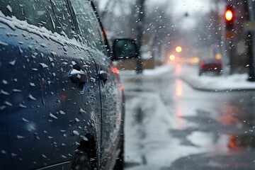 Freezing transformation car window captures mixed rain snow street scene - obrazy, fototapety, plakaty