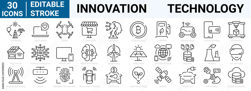 Poster set of 30 line web icons innovation and technology. smart future business, artificial intelligence (