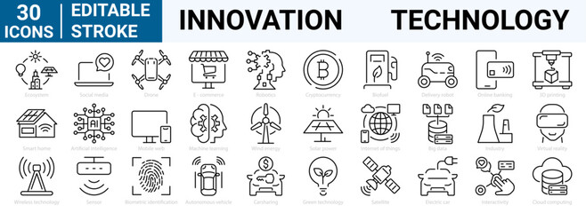 set of 30 line web icons Innovation and technology. Smart future business, artificial intelligence (AI), machine learning (ML), internet of things (IoT), cloud computing. Editable stroke.