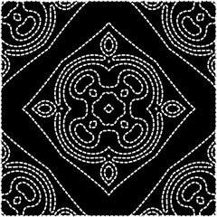 A repeat pattern of white dots on a black background. White mandala.