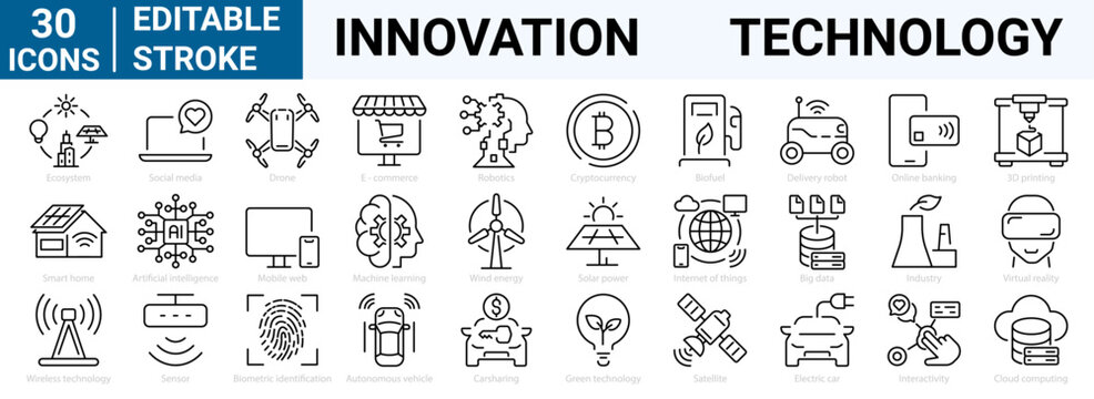 set of 30 line web icons Innovation and technology. Smart future business, artificial intelligence (AI), machine learning (ML), internet of things (IoT), cloud computing. Editable stroke.
