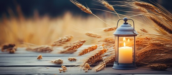Summer harvest symbol handmade lantern and wheat on garden table natural background Represents Lammas LughAIdh pagan holiday wiccan sabbat witchcraft ritual - obrazy, fototapety, plakaty