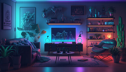 Modern home neon lighting living room illustration interior design AI Generated image