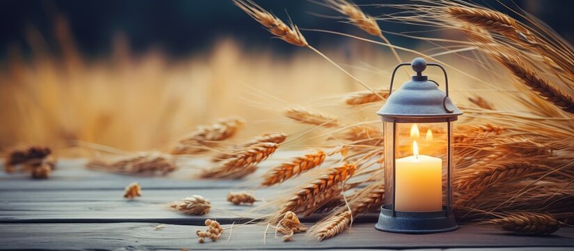 Summer harvest symbol handmade lantern and wheat on garden table natural background Represents Lammas LughAIdh pagan holiday wiccan sabbat witchcraft ritual