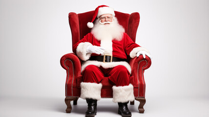 Portrait of Santa claus seated on a red armchair on a white background. 