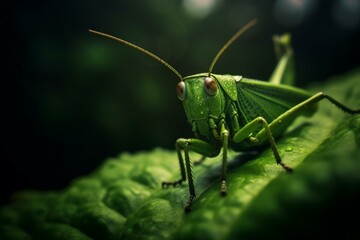 Close-up photo of a grasshopper on a leaf showcasing its details and leaf texture, highlighting focus control. Generative AI