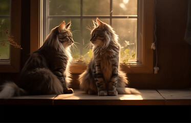 Two Maine Coon cats sitting on a window sill at sunset.