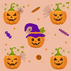 Set of pumpkin characters faces. Orange pumpkin with smile for your design for the holiday Halloween. Stock Vector illustration.