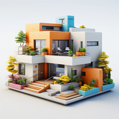 simple 3d house, cartoonish modern style, white with orange on a light background, geometric rectangular shapes