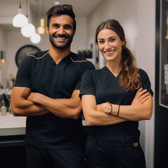 a good-looking and successful male and female team, consisting of a dentist, businessman, and spa-hotel administration, dressed in black