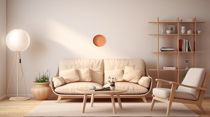 Modern open space interior with a designer sofa, Comfortable house with furniture, plaid, wooden coffee tables, pillows, tropical plants, and a stylish look 