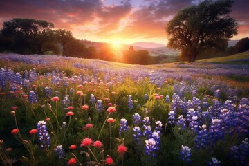 Beautiful sunset light illuminating a vibrant spring meadow full of wildflowers and summer blossoms. Generative AI