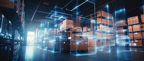 Futuristic Technology Retail Warehouse: Digital and Visualization of Industry 4.0. smart logistics, ecommerce and delivery concept in modern industry. Generative ai - obrazy, fototapety, plakaty