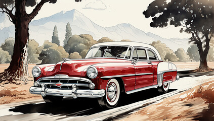 vintage retro classic car watercolor illustration on the street. american city landscape. - obrazy, fototapety, plakaty