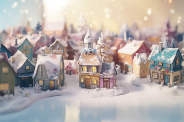 Fairy Christmas Town in the snow. Christmas Houses. Merry Christmas and Happy New Year. Christmas Festive Background, banner, poster, greeting card