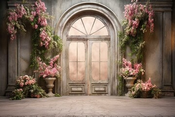 Fototapeta na wymiar Backdrops overlays for photography studio with doors and flowers arch, perfect for creating stunning backgrounds. Generative AI