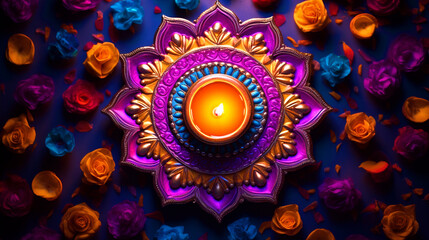 Diya placed in middle of colorful rangoli top view happy Diwali background - ai generative - obrazy, fototapety, plakaty